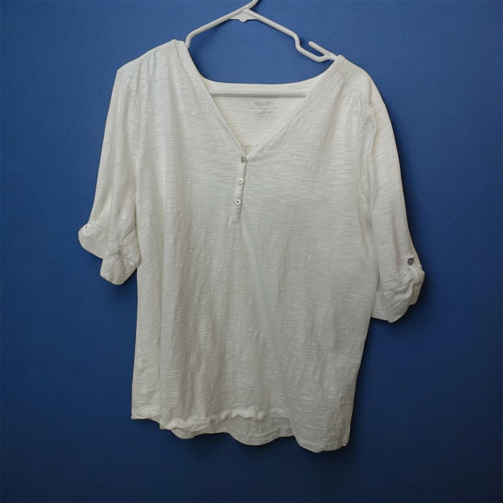 Chico's The Ultimate Tee White Slub Knit Henley V-Neck Button Tab Sleeve XL 3